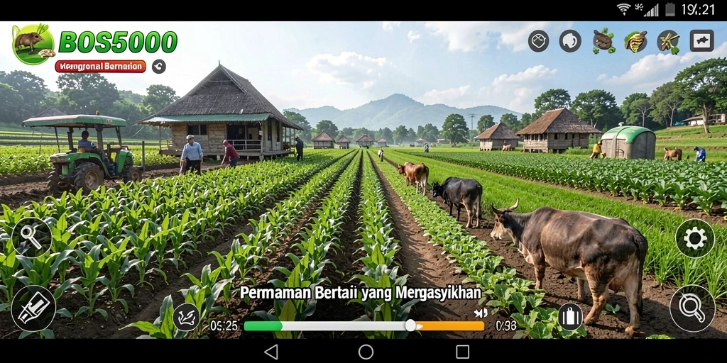 Screenshot gameplay BOS5000 menampilkan kebun yang indah dan hewan peliharaan.