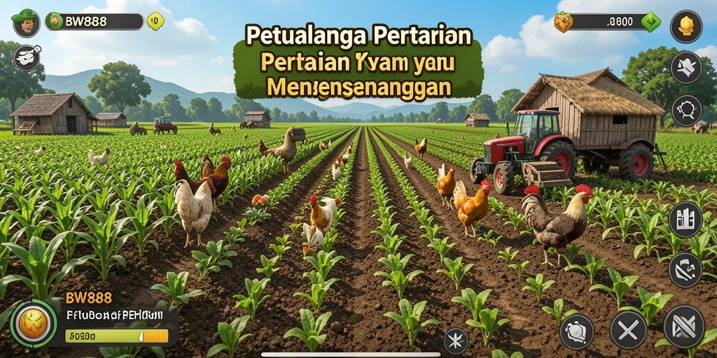 Screenshot gameplay BW888 yang menunjukkan lahan pertanian yang subur dan interaksi karakter.
