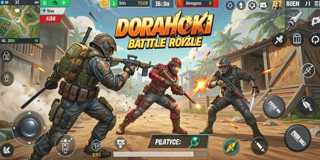Gameplay intens DORAHOKI dalam pertarungan Battle Royale.