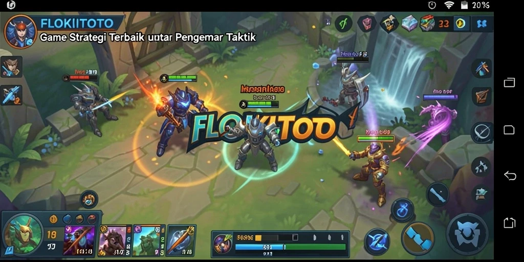 Tangkapan layar dari gameplay FLOKITOTO yang menunjukkan pertempuran strategi.