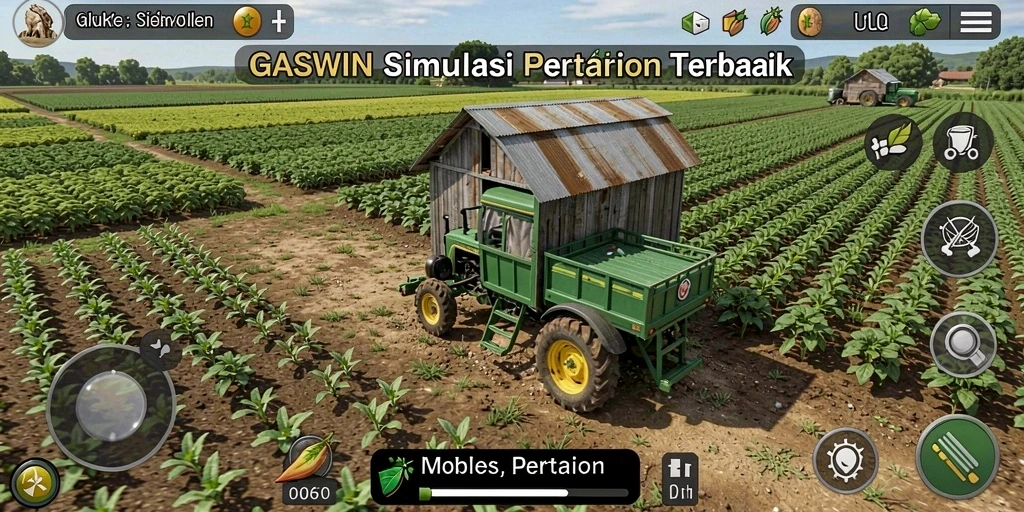 Tampilan gameplay GASWIN dengan ladang yang subur dan hewan ternak yang aktif.