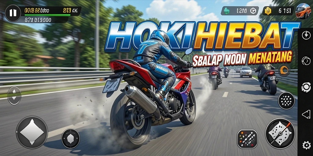 Tampilan gameplay HOKIHEBAT yang mendebarkan dengan balapan motor.