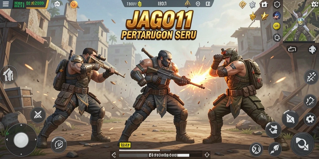 Tangkapan layar permainan JAGO11 menampilkan aksi pertempuran Battle Royale yang intens.