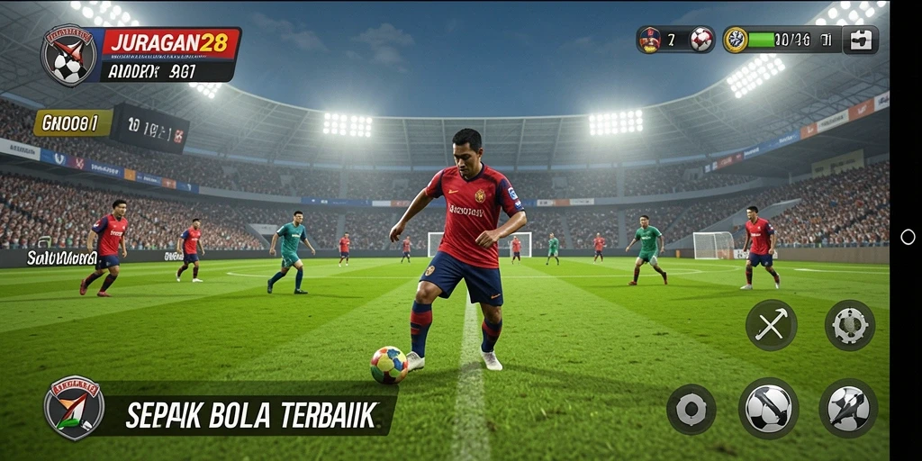 Gameplay JURAGAN28 yang seru dengan aksi sepak bola penuh semangat.