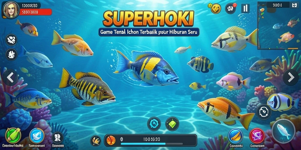Screenshot gameplay SUPERHOKI menampilkan aksi menembak ikan yang seru dan grafis yang mengesankan.